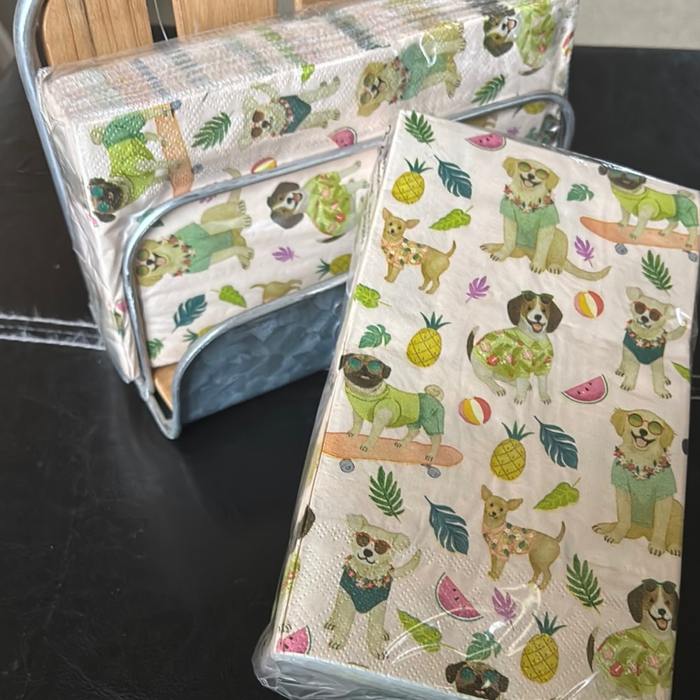 2 Set TROPICAL DOGS Summer Beach Party 3ply NAPKINS folded 4.5”x8” (64 total)